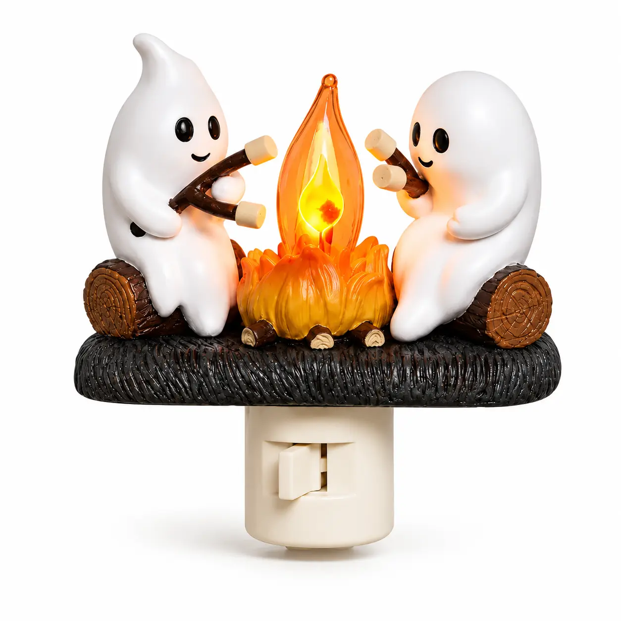 3D Flickering Campfire Plug-In Night Light, Halloween & Christmas Character LED Nightlight, Cute Indoor Holiday Decoration for Bedroom, Hallway and Gifts, Resin