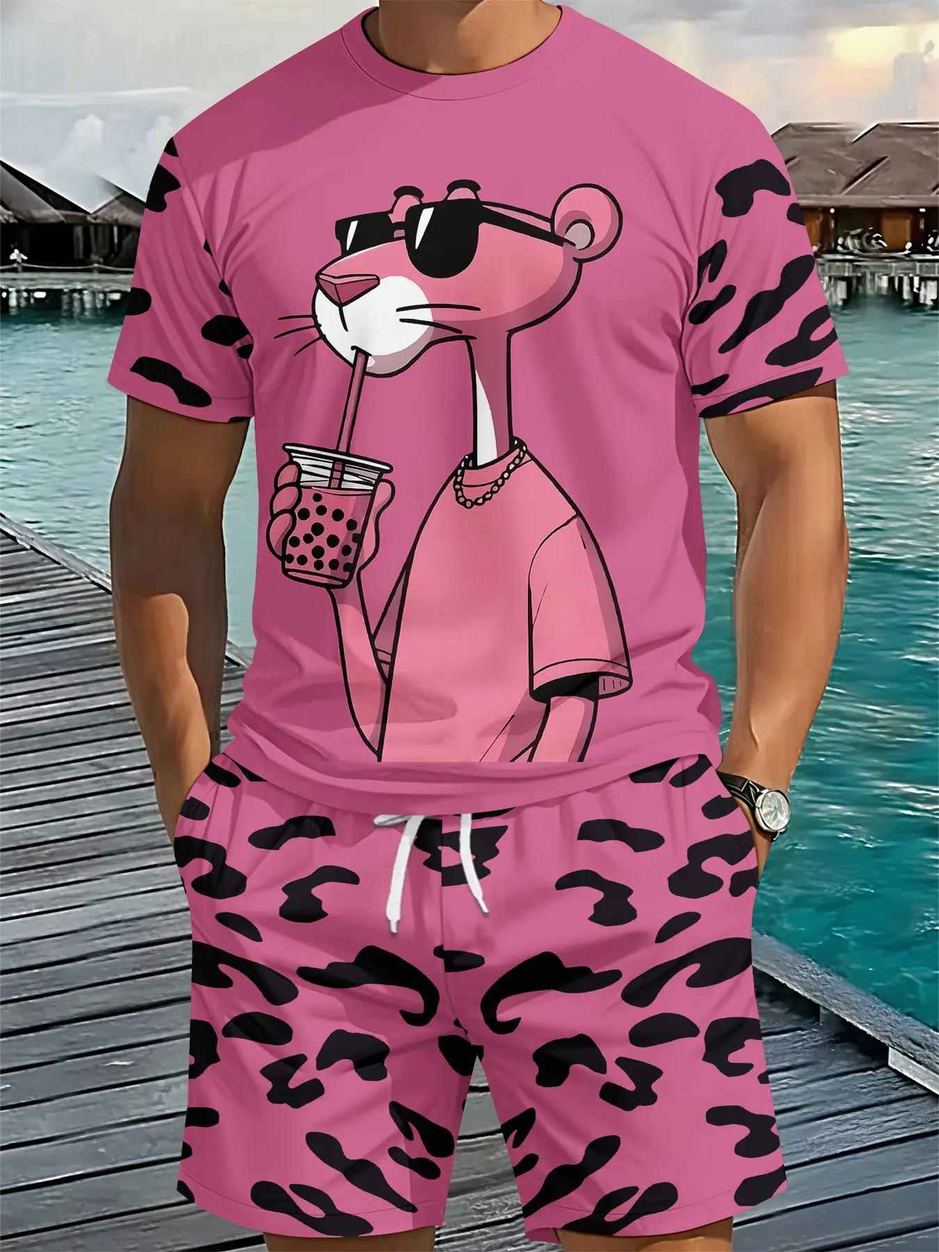 Pink Panther Leopard Print Men's Matching Two-Piece Outfit Set, 3D Digital Print Round Neck T-Shirt & Shorts, Casual Vacation Breathable Outfit Clothes, Beach Shorts Set, Matching Outfits Set