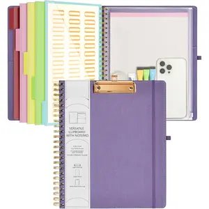 Foldable Spiral Clipboard Folio with Storage Zipper Pouch, 5 Plastic Folders with 10 Pockets,Refillable Lined Notepad (11" x 8.5"), Hardcover Project Organizer with 39 Stickers (Purple)