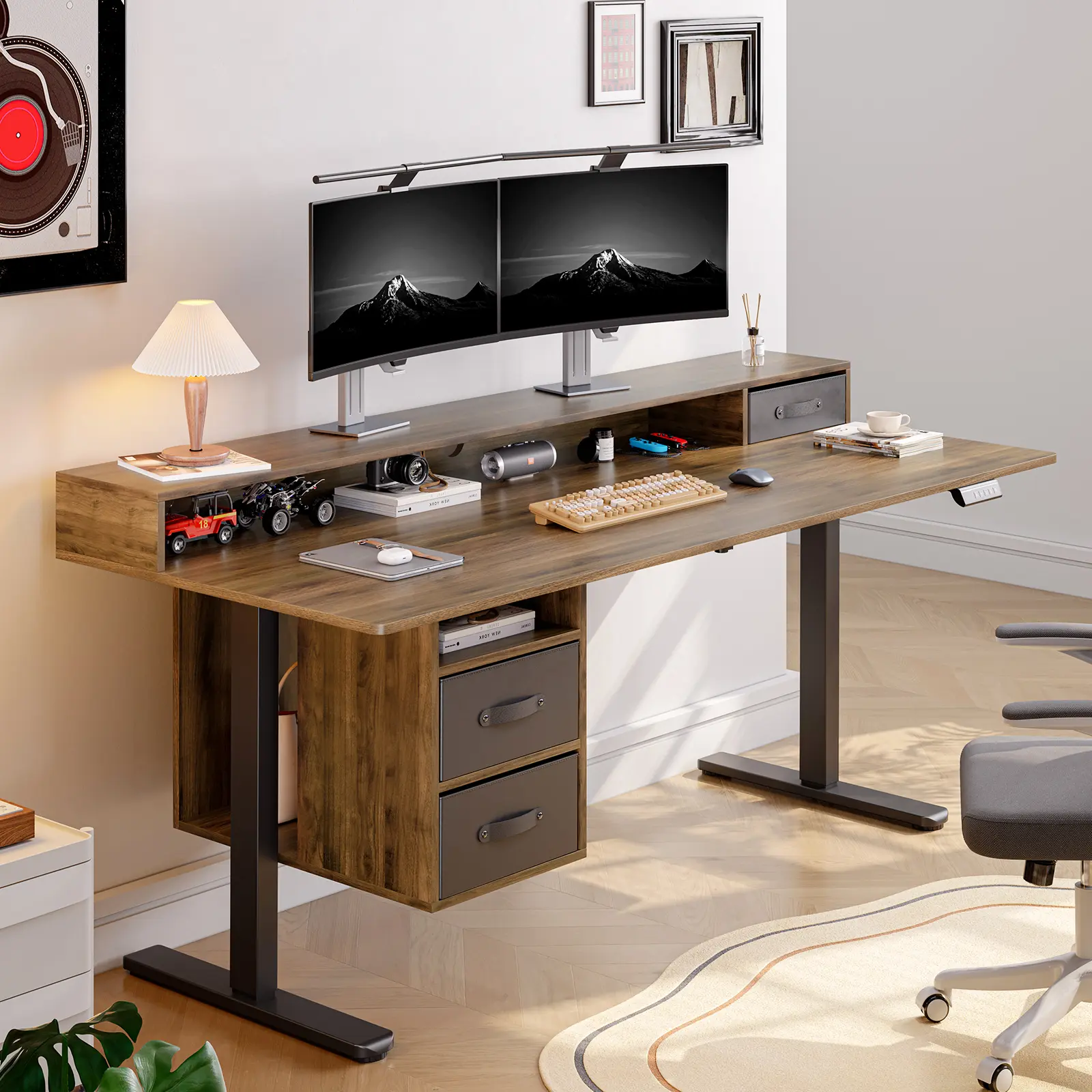 【SummerFinds】ONBRILL Electric Sit Stand Desk - 63x24 In Sturdy Computer Desk with 3 Drawers, Open Storage Shelf, 28-46 In Stable Tabletop, Wood Workstation for Home Use, WFH Setup