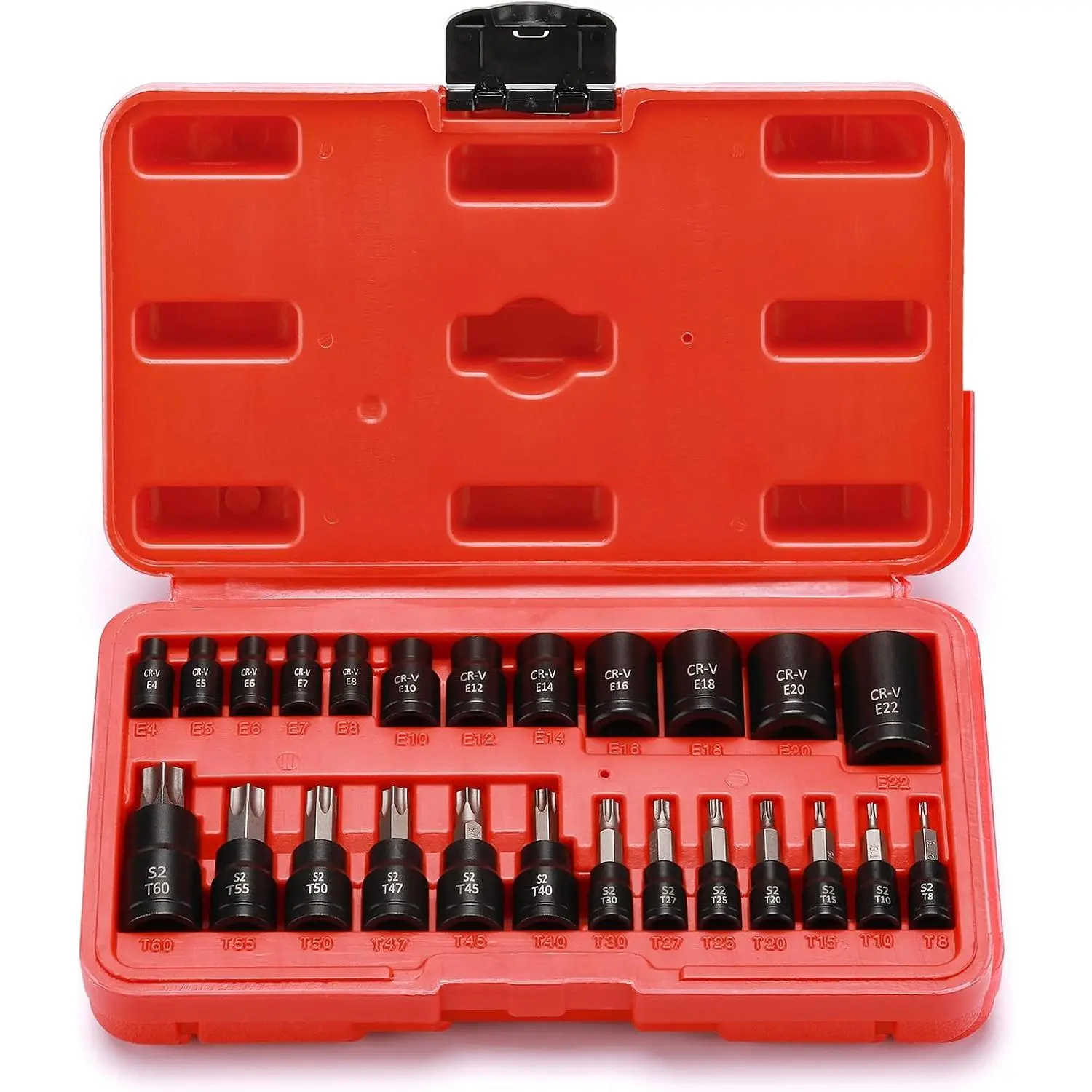 25 count 1/4",3/8",1/2" Drive Torx Bit and External Socket Set,12 Female E-Torx Sockets and 13 Star Socket Bits