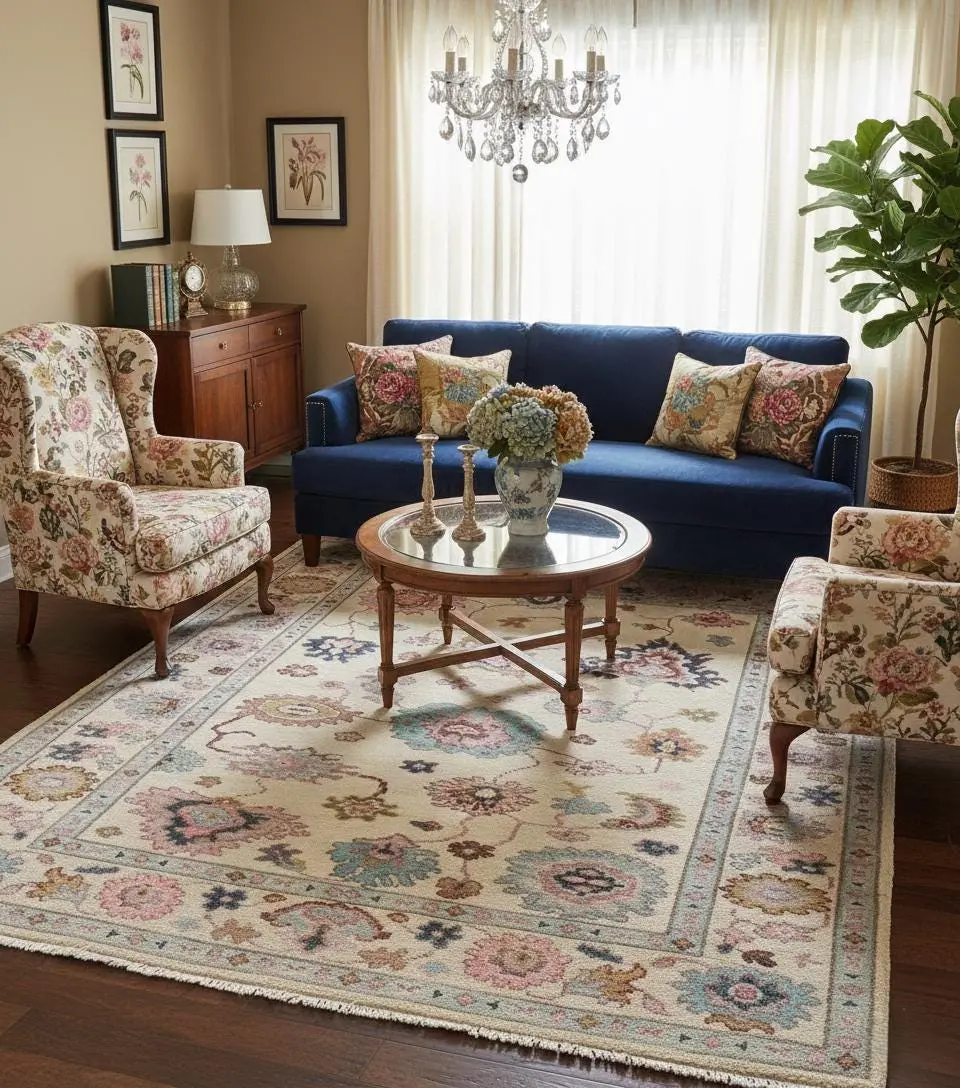 Hand Knotted Oushak Rug Ivory Turkish Wool Area Rug