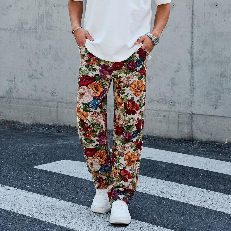 Drawstring Loose Comfortable Floral Men's Trousers with Vibrant Print Easy Fit for Everyday Wear and All-Day Comfort