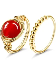 2PCS Anxiety Rings Beads Fidget Spinner Ring Set for Women Golden Carnelian Crystal Ring Worry Wire Wrap Ring Beaded Anxiety Relief Stackable Rings Set