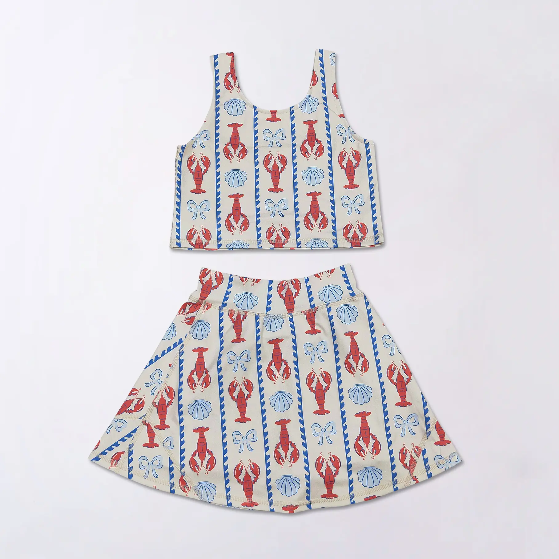 Kids' Crayfish Print Skort Set, 2-Piece Sleeveless Athleisure Outfit for Summer Sports and Everyday Wear, Casual Sports Style, Sporty Style Clothes