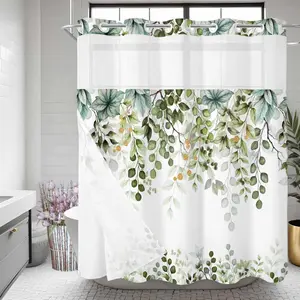 Sage Green Eucalyptus Leaf No Hook Shower Curtain with Snap in Liner for Bathroom, Abstract Leaves Shower Curtains, Waterproof Fabric Botanical Plants Shower Curtain with See Through Top Window,72x72