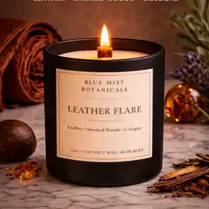 Blue Mist Botanicals Leather Flare 12oz Coconut Wax Candle with Leather Smoked Woods Cologne 60 HR Burn