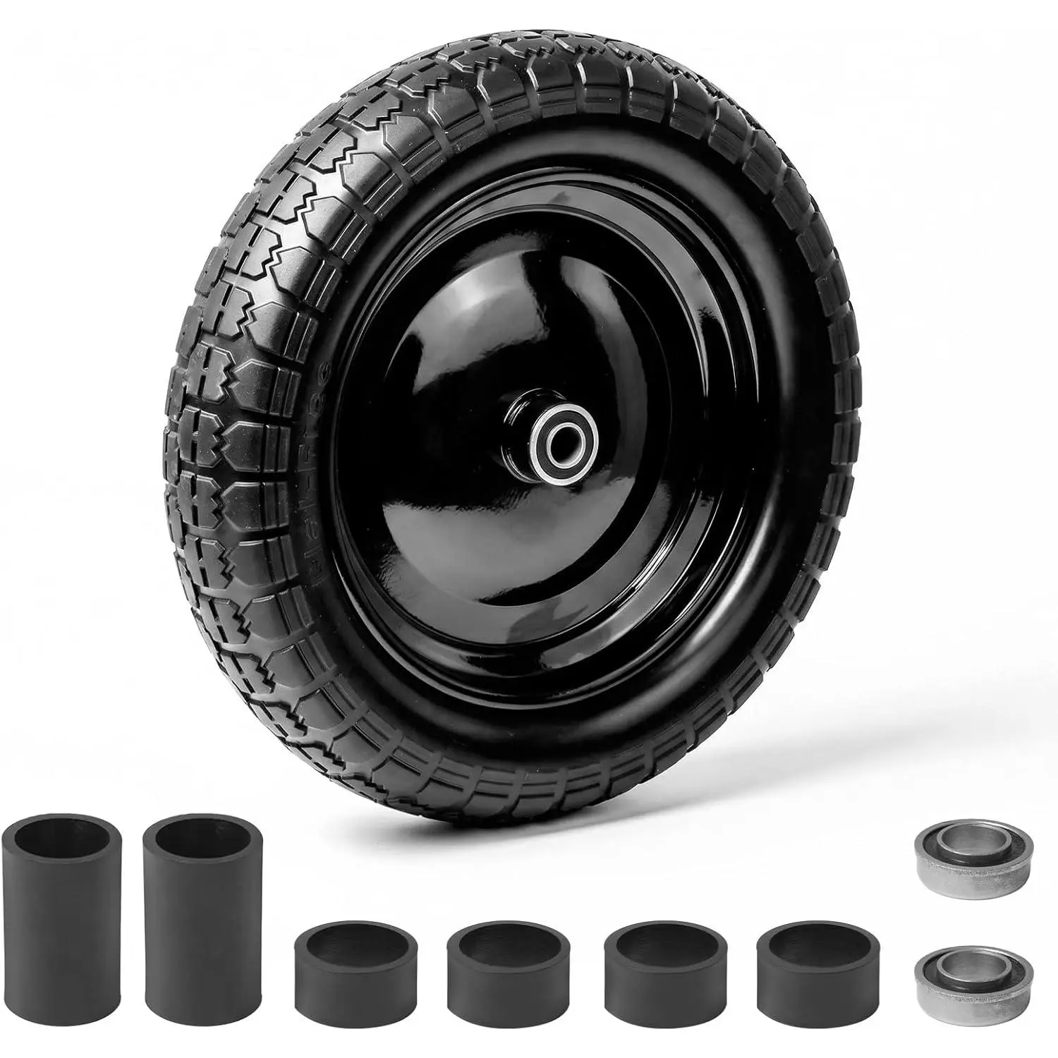 1 Pack Flat Free Wheelbarrow Tire 14.5 Inch 4.80-4.00-8 Heavy Duty Replacement Wheel with 3 Inch Centered Hub 5/8" 3/4" Bearings for Garden Yard Work