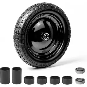 1 Pack Flat Free Wheelbarrow Tire 14.5 Inch 4.80-4.00-8 Heavy Duty Replacement Wheel with 3 Inch Centered Hub 5/8" 3/4" Bearings for Garden Yard Work