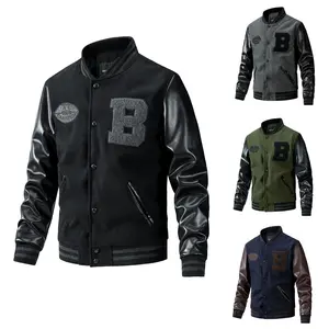 Men's Letter Embroidery Pocket PU Leather Baseball Jacket, Loose Preppy Style Long Sleeve