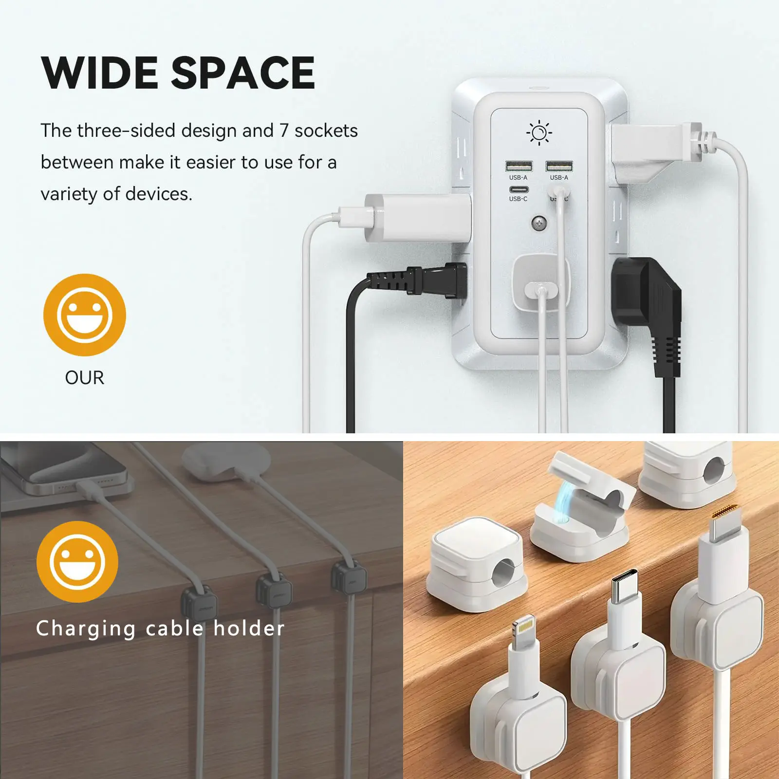 BEJUVG Universal Socket USB Multi Plug Surge Protector Wall Charger - 3-Sided Power Supply, 7 Outlets with Night Light, 4 Ports (2 USB-C), Outlet Extender, Extension Adapter, Plug Extender, 8 Cable Fixing Kits, 125V Indoor Use