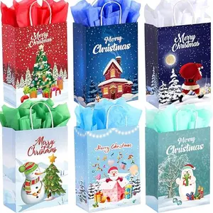 24Pcs Christmas Gift Bags with Tissues, Small Christmas Bags for Gift with Handles, Xmas Treat Paper Bags for Kids Adults Party Supplies