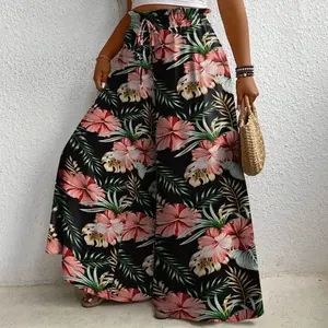 Women's Plus Size Fashionable Flower Print Wide Leg Pants For Spring And Summer Casual Vacation Style Loose Wide Leg Pants