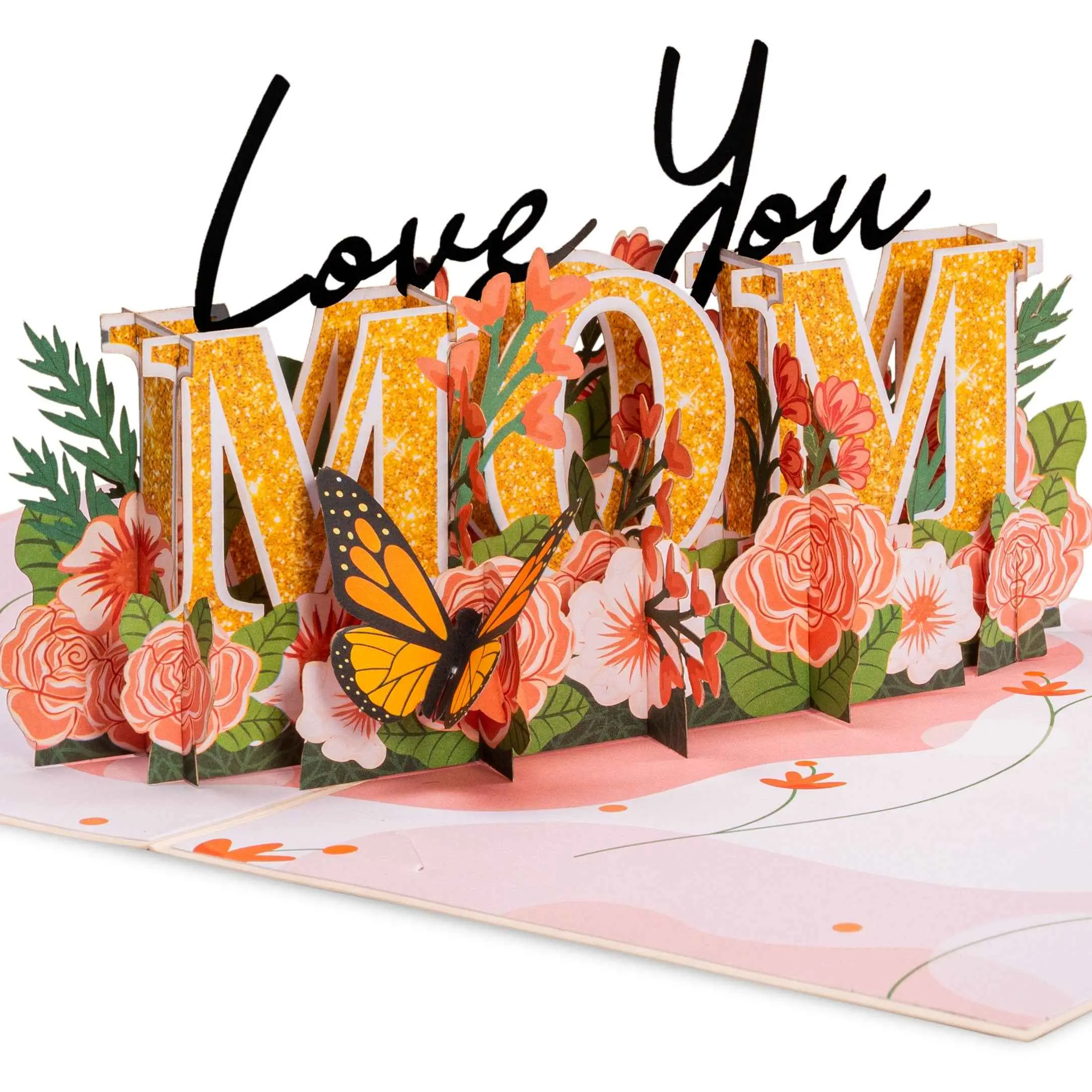 Paper Love Brand Love You Mom Pop Up Card - 5x7 Premium Laser Cut Flowers & Butterfly Design for Mother's Day Gifting
