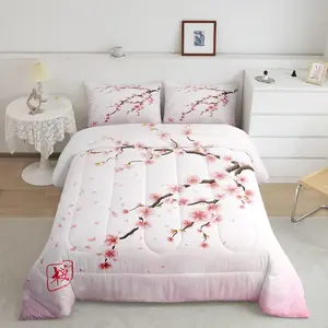 Pink Cherry Blossoms Comforter Set,Japanese Style Romantic Theme Bedding Set,Botanical Floral Print Duvet Set,Couple Pink Flower Decor Quilts