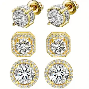 Unisex Earring Stack - 3 Pairs White Gold-Plated Cubic Zirconia Studs, 4 PCS 14K Gold-Plated Huggie Hoops, Round & Square Shapes, Hypoallergenic Versatile Jewelry, Christmas Gift for Daily Styling, Studs Earrings
