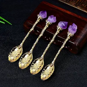 4/7pcs natural amethyst flower top mini spoons, multi metal handle vintage carved dessert tea scoops, hand polished raw crystal decorative tableware, boho home kitchen table ornament, practical daily drink ice cream mixing spoon gift set