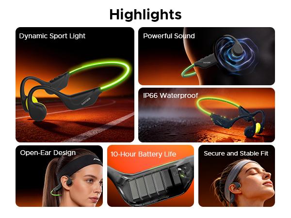 BoneBeat Run Ray IP66 Bone Conduction Headphones for Running, LED Safety Light, Open-ear design, Up to 10 Hours Playtime, Bluetooth 6.0 with Dual-Device Connectio