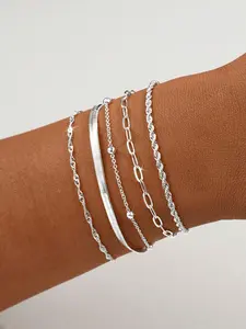 5-Piece Stylish Stackable Silver Color Bracelet Set, Elegant Minimalist Jewelry for Valentine's Day & Birthday Gifts, All Seasons Bracelet Collection