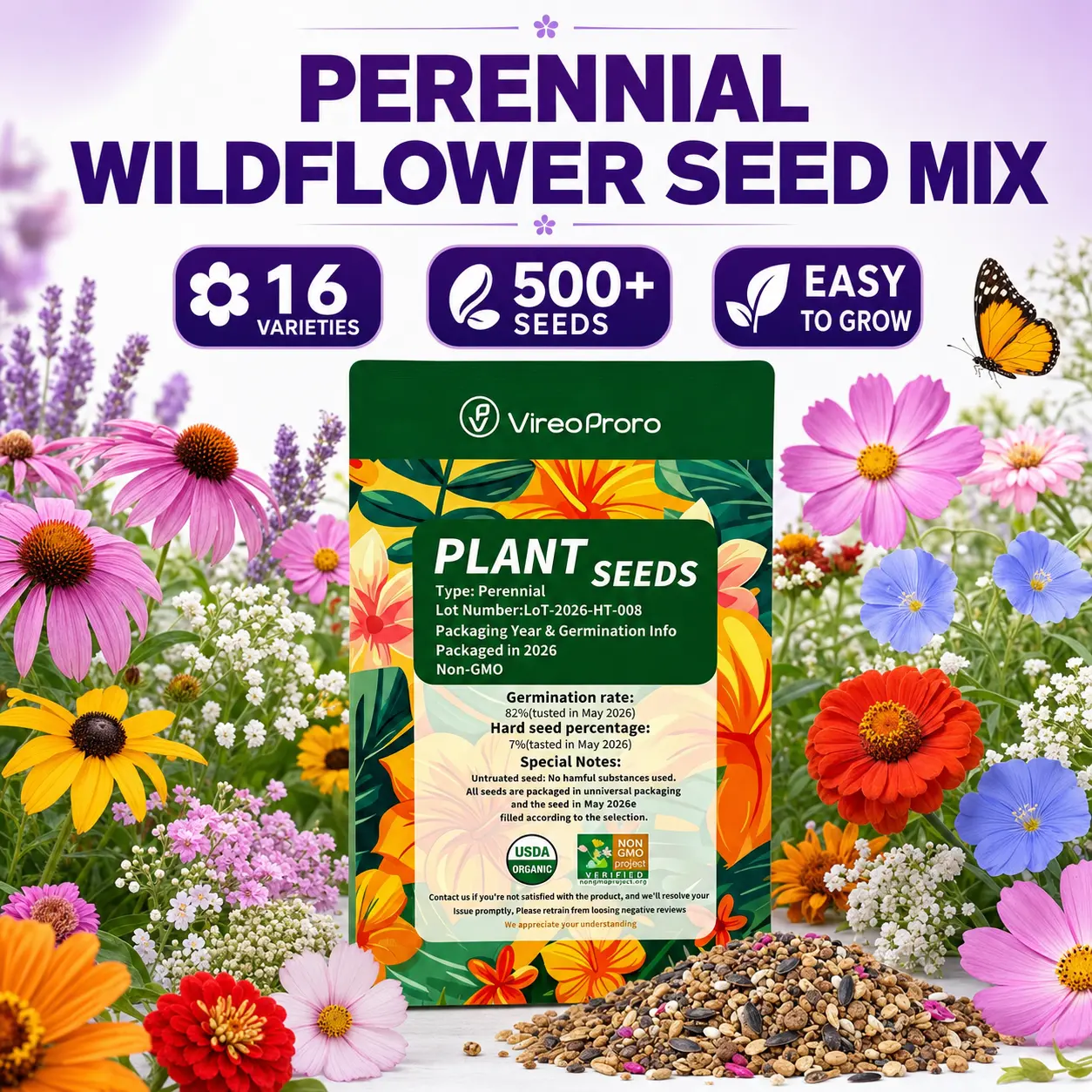Wildflower Seeds Mix - 500+ Seeds, 16-Variety Annual & Perennial Pollinator Mix for Outdoor Garden Full Sun Plants, Perennial Flowers to Boost Natural Beauty in Flower Garden
