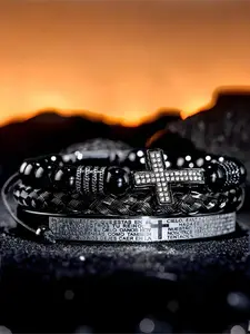 Men'S Bead Bracelet Set with Micro-Encrusted Cross, Woven Bracelet Spanish Bible Cross Bracelet Set European Vintage Style Beaded Braided Bracelet Beaded Bracelets