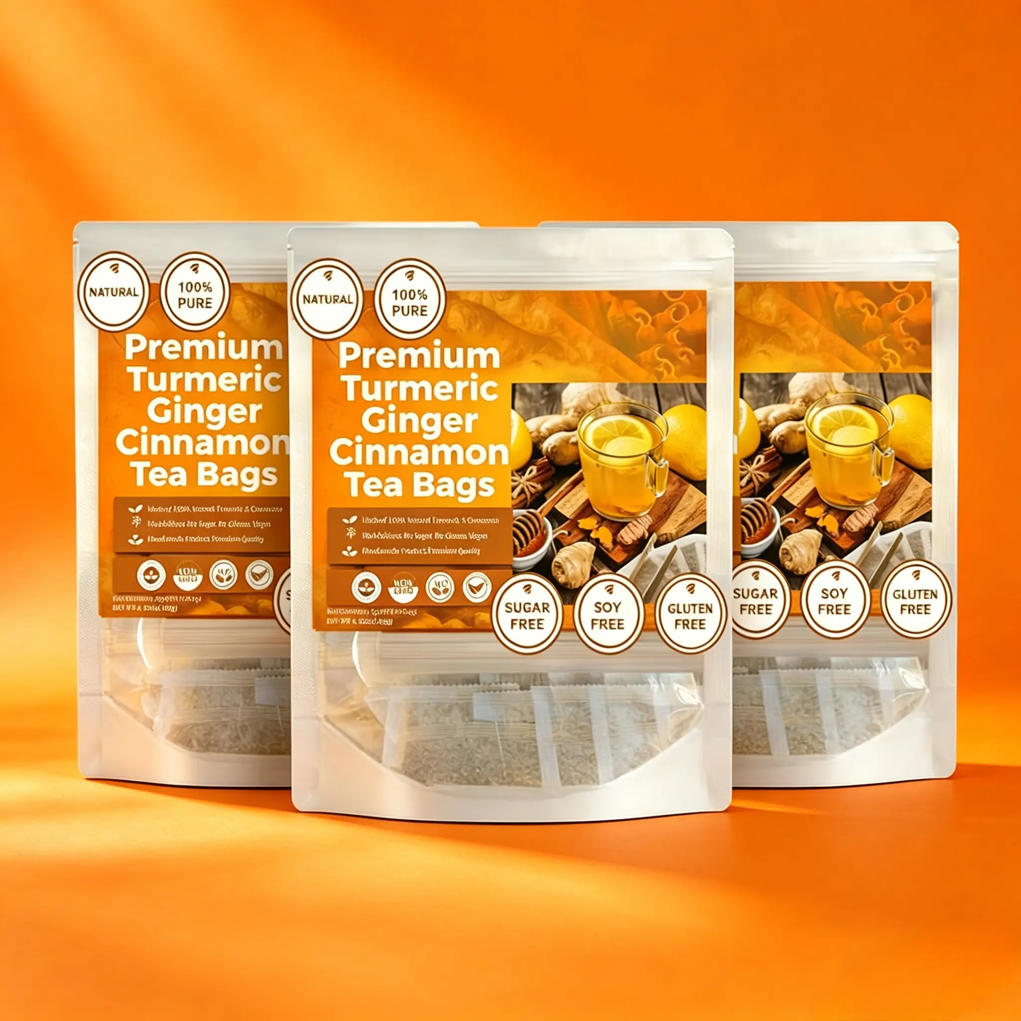 Organic Turmeric Ginger Cinnamon Tea Bags (60*3 Pack) – Natural Anti-Inflammatory Herbal Tea for Digestion, Immunity & Daily Wellness