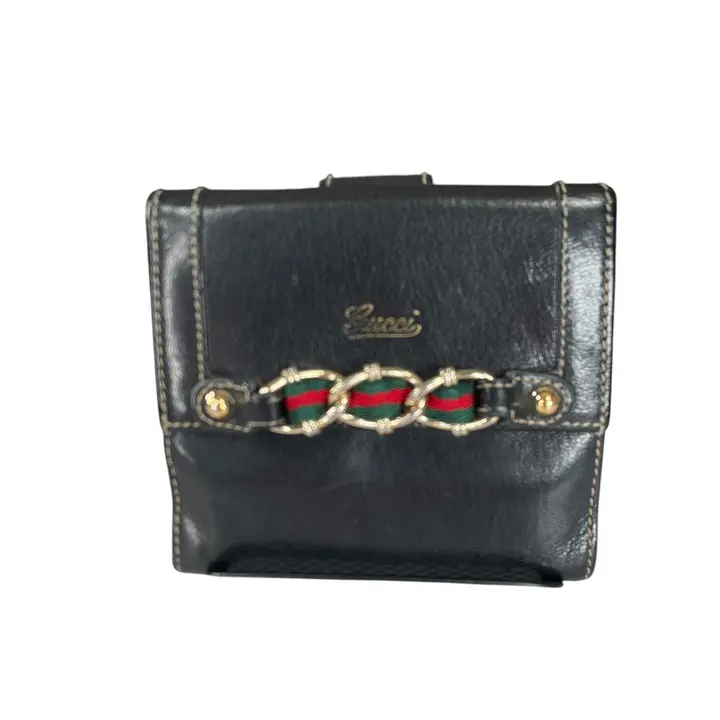 Pre-owned Leather Small Leather Goods Gucci Capri Wallet Black Web Horsebit Compact Wallet Vintage GG