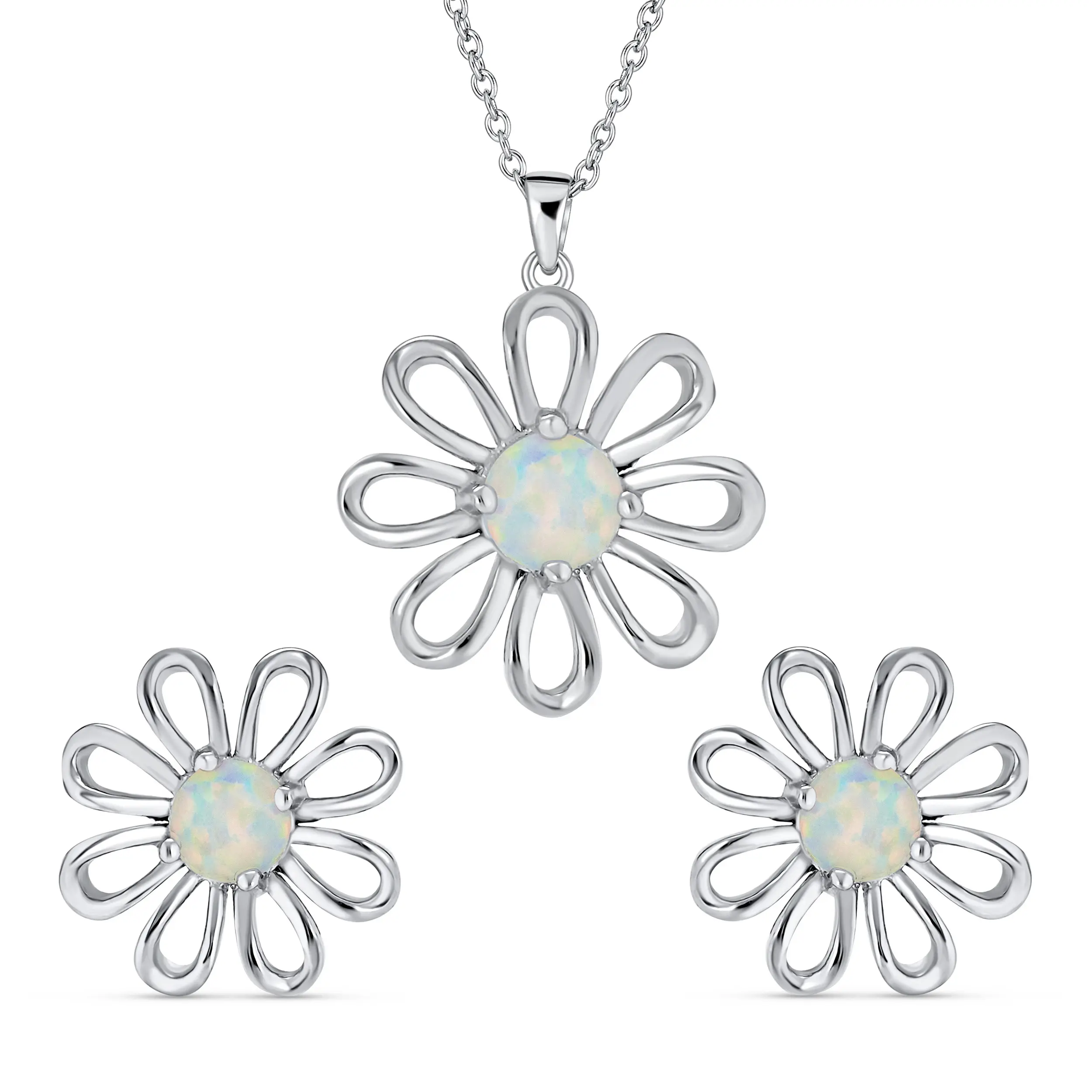 Daisy Flower White Created Opal Pendant Necklace & Earrings Set Sterling Silver