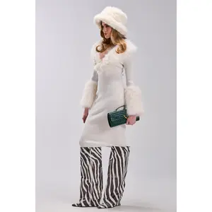 AKIRA Label Celine Sweater Midi Dress with Fur Trim - Super Soft Stretchy Ribbed Knit Bodyhugging Fit Plunging V-Neckline Faux Fur Accents