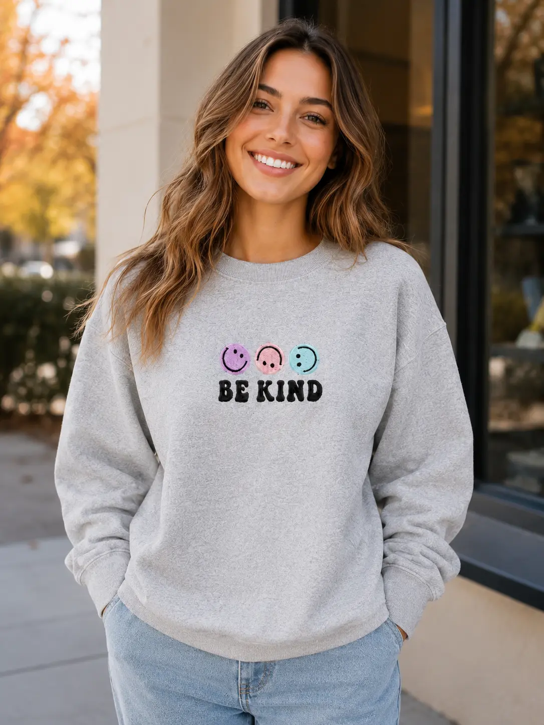 Be Kind Embroidered Crewneck Sweatshirt, Trendy Smiley Face Pullover, Cute Positive Vibes Gift