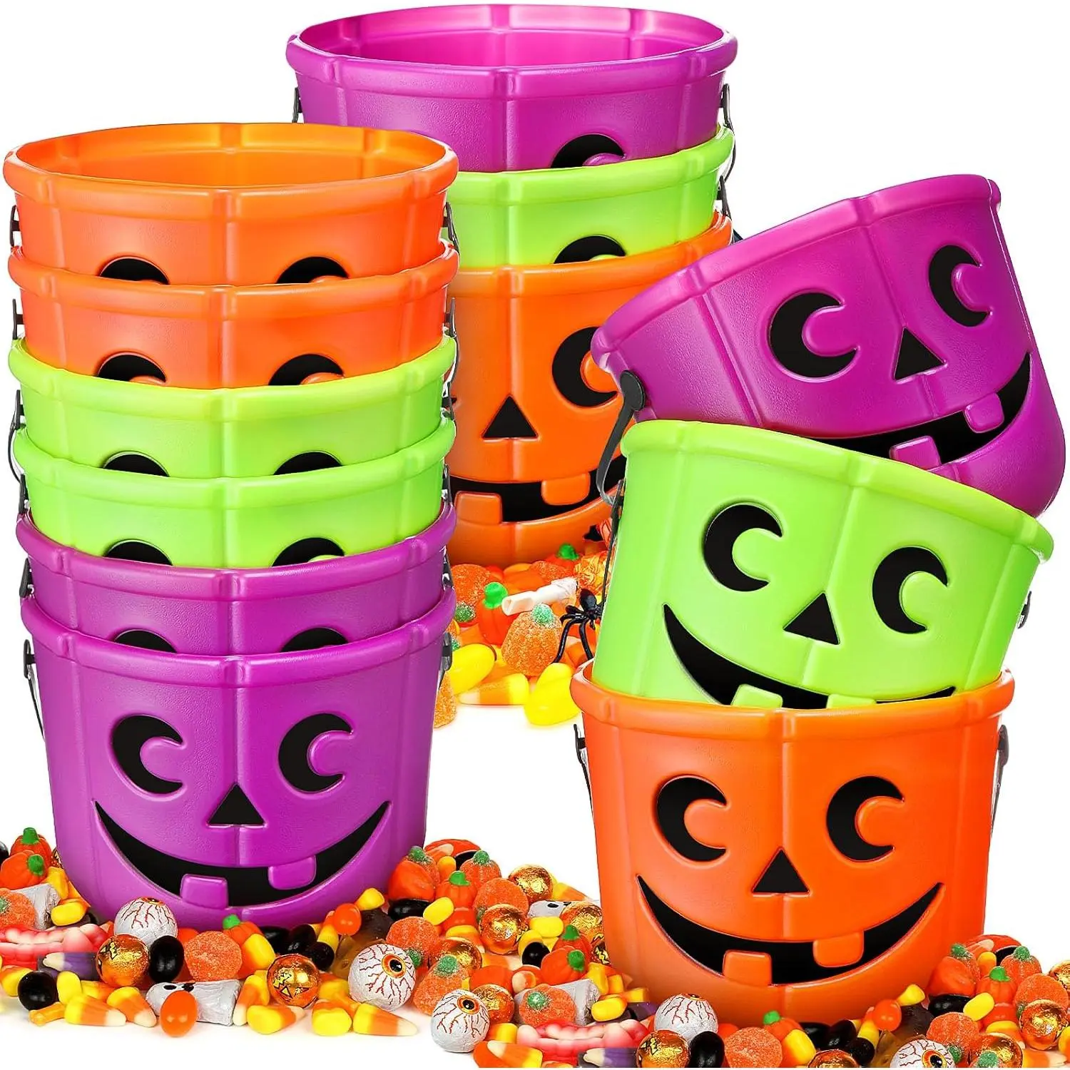 12 Pieces Halloween Pumpkin Candy Bucket Plastic Trick-or-Treat Bucket with Handle Orange Purple Green Pumpkin Bucket Face Basket Halloween Party Gift Event Supplies Decoration