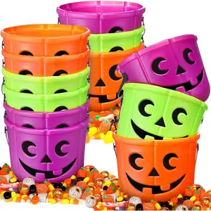 12 Pieces Halloween Pumpkin Candy Bucket Plastic Trick-or-Treat Bucket with Handle Orange Purple Green Pumpkin Bucket Face Basket Halloween Party Gift Event Supplies Decoration
