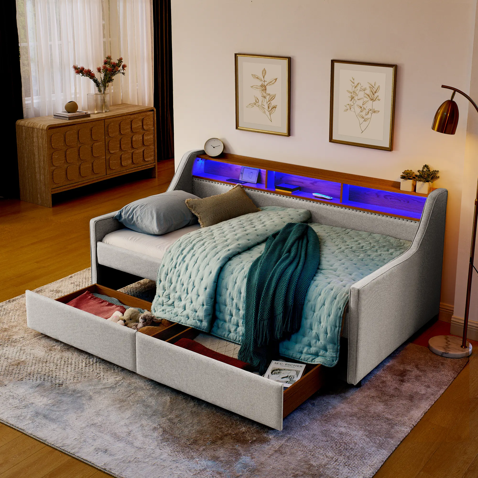 Niccae Twin Size Upholstery Sofa Bed with Three LED lights, with Storage Adjustable Headboard, with Two Storage Pull Up drawers and Wireless Charging, Linen Padded Sofa Bed frame, Beige
