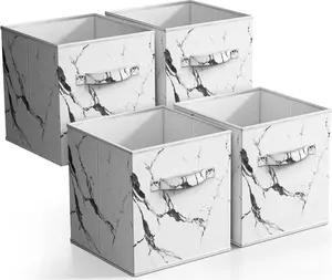 Sorbus Collapsible Storage Bins - 11" White Marble Fabric Cubes with Handle for Pantry, Closet, Nursery, Dorm, and Toy Storage Basket Boxes