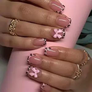 Bow Press on Nails Short Square Fake Nails French Tip False Nails Press ons with Designs Leopard Print Acrylic Glossy Full Cover Glue on Nails Artificial Stick on Nail for Women Manicure 24 Pcs