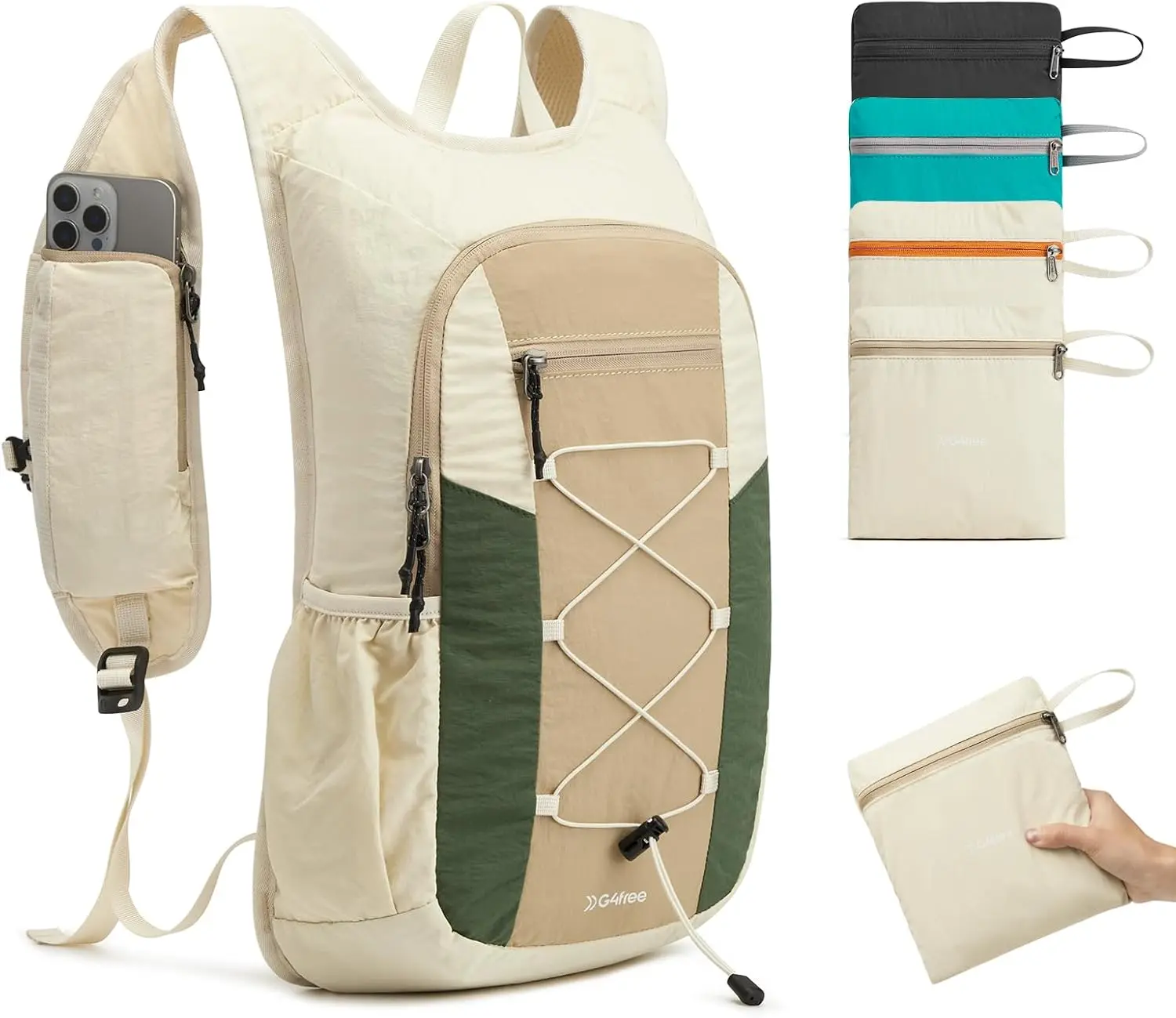 20L Hiking Backpack Lightweight Daypack with Phone Pocket Small Packable Foldable Hiking Bag for Women Men, Green+BeigeGift.
