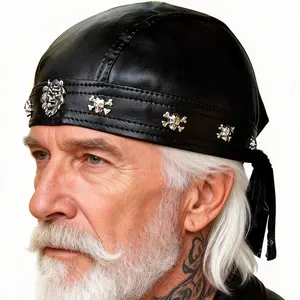 Vintage Men Leather Bandana Pirate Cap Skull Studded Headwrap Doo Rags Adjustable Ties Motorcycle Biker Hair Bonnets Hats Accessories