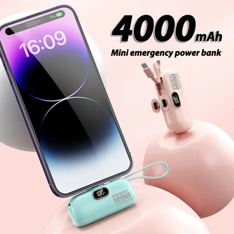 Pocket Capsule Compact Portable Power Bank with Cable, 4000mah Mini Emergency Mobile Charger, Compatible with Apple Android, LCD Display, Eliminate Battery Anxiety