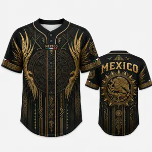 2026 Mexico Inspired Black Gold Button Down Baseball Jersey for Men, Golden Eagle Emblem Back Print, Aztec Sun Calendar Graphic, Short Sleeve Soccer Fan Shirt, Casual Futbol Game Day Tee