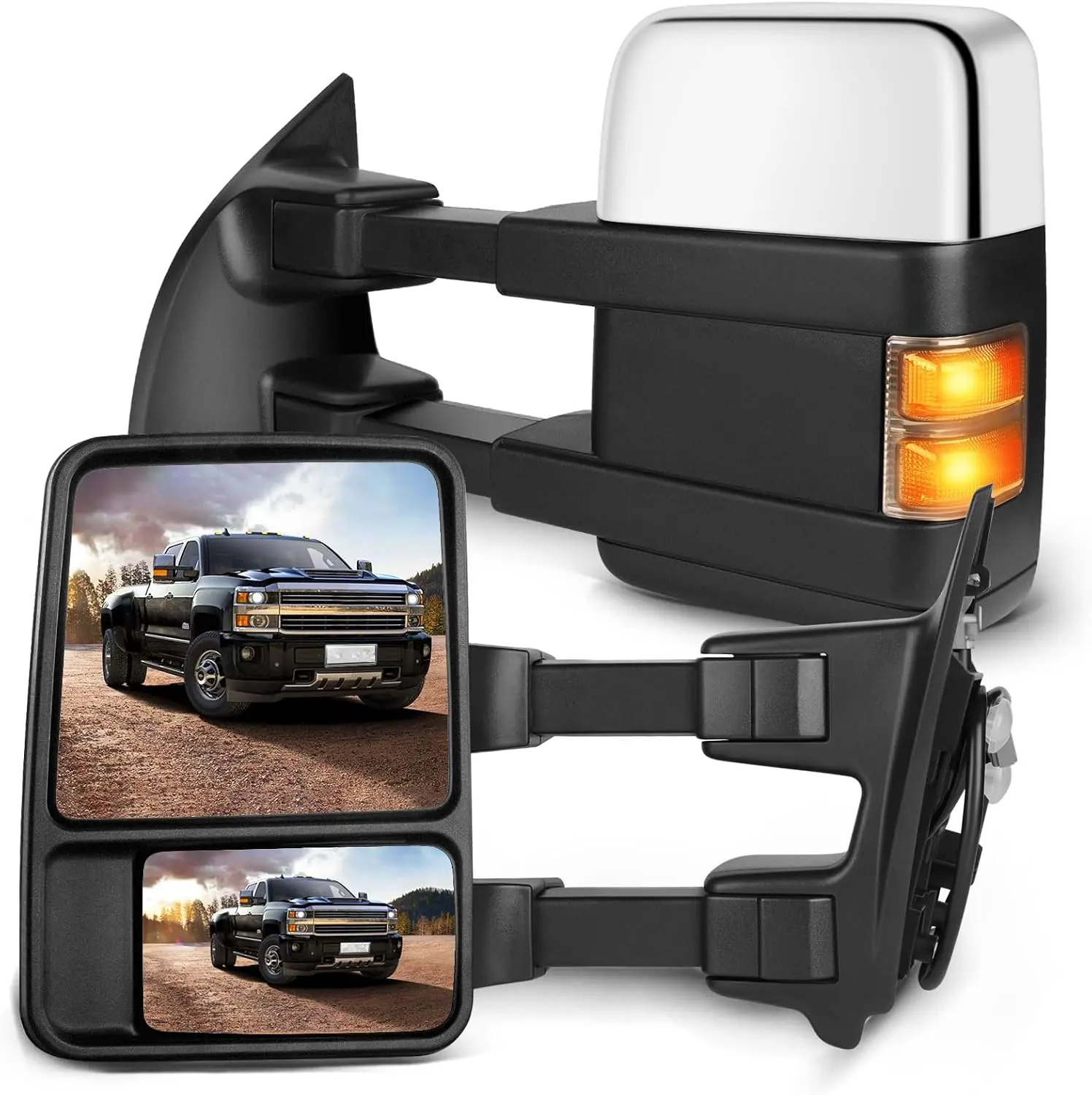 CCIYU Towing Mirrors fit 1999-2007 Ford F250 F350 F450 F550 Super Duty, Chrome Power Heated Tow Mirrors with LED Smoke Turn Signal Lights, Manual Telescoping Side View Mirror Pair Set Left and Right