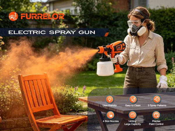 FURRELOR HVLP Sprayer Set - 850W Handheld Electric Paint Sprayer, 1400ml/47oz, 4 Nozzles, 3 Patterns, Adjustable Flow Knob, Viscosity Check Cup, Gloves & Goggles, Beginner-Friendly for DIY Home Painting (Doors, Orange), Adjustable Paint Sprayer, Handheld