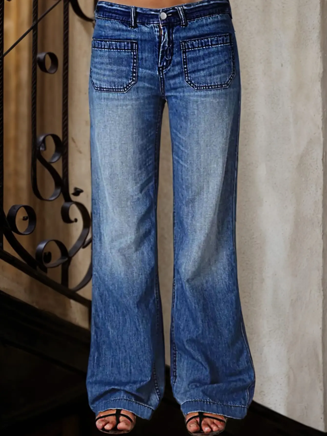Women Mid Rise Flared Jeans Retro Stitch Pocket Bootcut Denim Pants Vintage Washed Jeans,bedazzled, jeans,stacked, decade,wavy, capri,flare