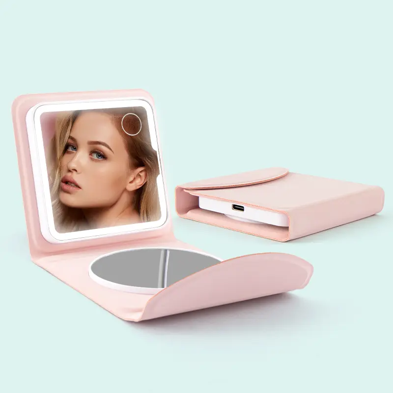 Rechargeable LED Portable Double-Side Makeup Mirror - Compact, Foldable, Waterproof, 5X HD Magnifying & Standard Mirrors, Suction Cups, Lighting Feature