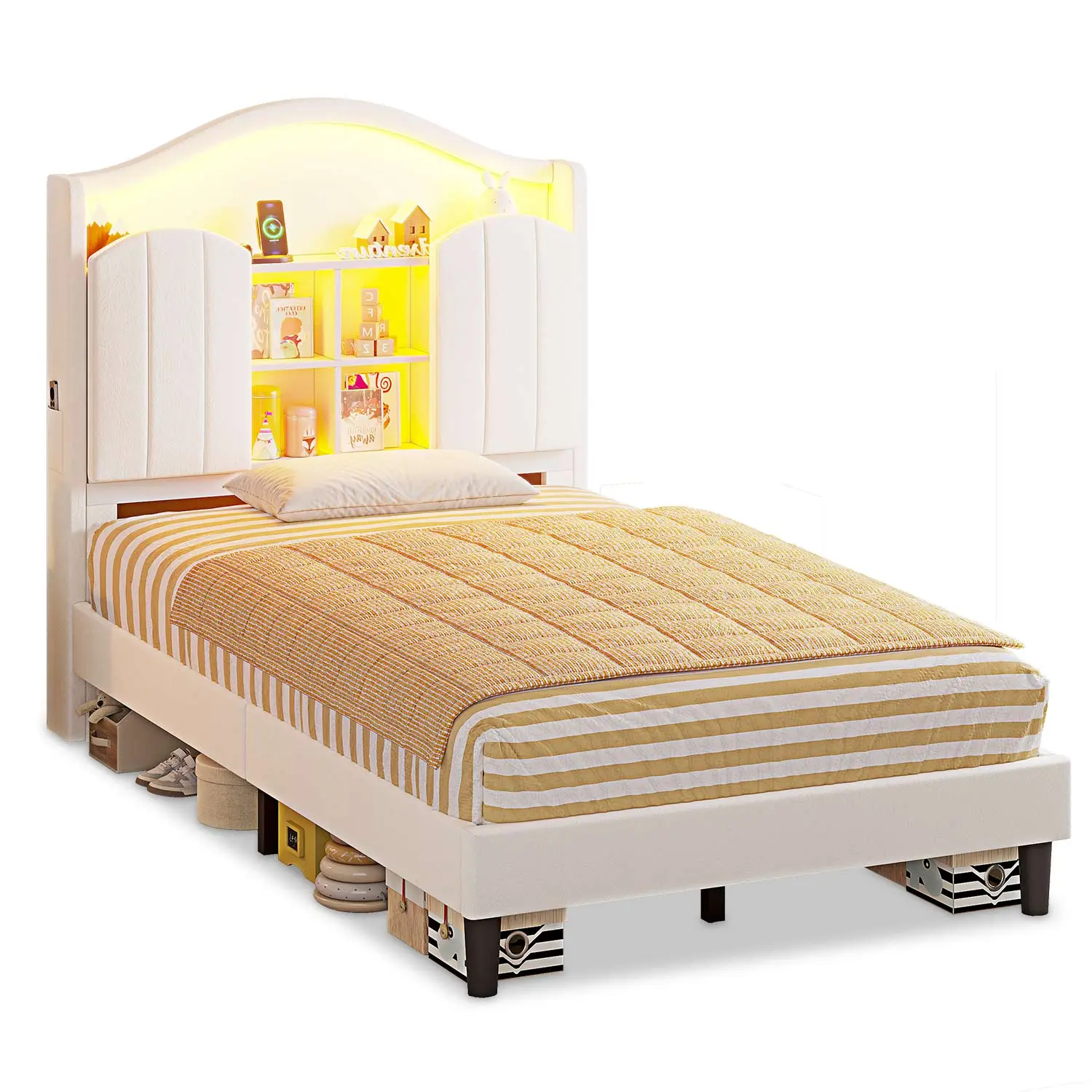 SIKAIC Single Princess LED Bed Frame with USB Charging Station, White Upholstered Engineered Wood Platform Bed with Curved Headboard & Underbed Storage, 80.7"L x 39"W x 48"H, No Box Spring Needed