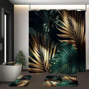 1/4-piece luxurious pink and gold leaf aesthetic art party design shower curtain set includes a shower curtain, toilet seat cover, rectangular mat, and U-shaped mat, it beautifies the space and comes with 12 shower curtain. Bathroom Decoration Accessories
