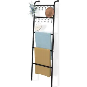 Blanket Ladder,5 Tier Rack with 12, 79'' Style Decorative Ladder for The Living Room Bedroom Home, Black