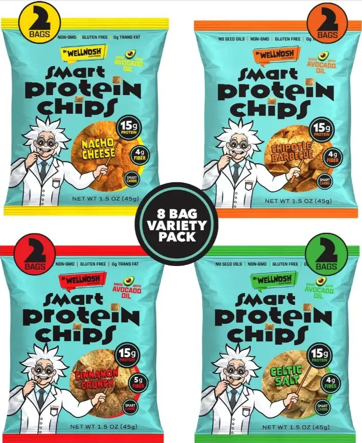 Protein Chips Variety Pack - 4 Flavors, 15g Plant Protein, Avocado Oil, Gluten-Free, No Seed Oils (8 Bags)