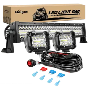 Nilight 22 Inch 480W Triple Row Spot Flood LED Light Bar | 2Pcs 4 Inch 60W LED Pods | 12FT Wire 3Pin Switch 3 Leads
