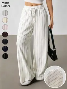 Valentine's Day Women's Striped Waist Tie Straight Leg Loose Casual Belted Pants, Fitted Style, Moderate Fabric Thickness, All Seasons Wear, Casual Lounge Pant