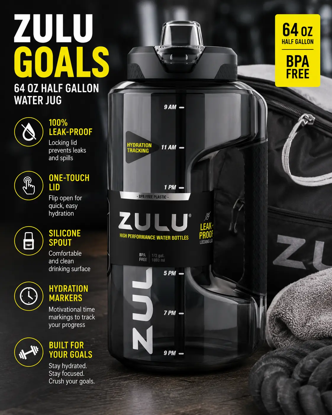 Zulu Goals 64oz Half-Gal Plastic Water Bottle, Portable Drink Bottle with Lid for Daily Hydration